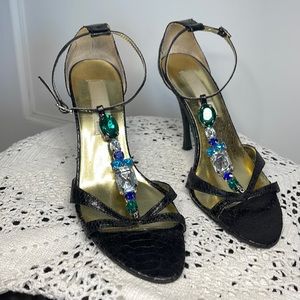 Women’s strappy black heels with cool stone details